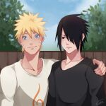  2boys bangs black_eyes black_hair black_shirt blonde_hair blue_eyes blue_sky boruto:_naruto_next_generations casual closed_mouth cubur fence hair_over_one_eye hand_on_another&#039;s_shoulder highres long_sleeves looking_at_viewer medium_hair multiple_boys naruto_(series) outdoors shirt short_hair sky smile tree uchiha_sasuke uzumaki_naruto white_shirt 