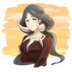  1girl bangs black_hair blush breasts brown_dress brown_eyes collarbone commentary_request delta_nonbiri drasna_(pokemon) dress eyelashes jewelry long_hair looking_at_viewer medium_breasts necklace parted_bangs parted_lips pokemon pokemon_(game) pokemon_xy smile solo upper_body 