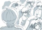  6+boys absurdres ahoge bangs collarbone commentary_request domon_kasshu g_gundam greyscale gundam gundam_00 gundam_hathaway&#039;s_flash gundam_tekketsu_no_orphans gundam_wing hathaway_noa headband heero_yuy highres male_focus mikazuki_augus monochrome multiple_boys pumpkin_hat scar scarf serious setsuna_f._seiei short_hair sidelocks sishamon sitting 