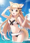  1girl :d animal_ear_fluff animal_ears arm_up bangs bare_arms bare_shoulders bell bikini black_bikini blue_sky bow breasts brown_bow brown_eyes cleavage cloud commentary_request day eyebrows_visible_through_hair fang fox_ears fox_girl fox_tail hair_bell hair_bow hair_ornament hand_up highres jingle_bell layered_bikini light_brown_hair long_hair looking_at_viewer medium_breasts navel open_mouth outdoors saka_nanato sky smile solo swimsuit tail very_long_hair water white_bikini 