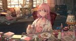  1girl bangs blue_eyes closed_mouth cup highres holding holding_cup indoors jacket lamp long_hair long_sleeves looking_at_viewer original pink_hair plant potted_plant sewing_machine sitting smile solo stuffed_animal stuffed_bunny stuffed_toy white_jacket window yutsumoe 