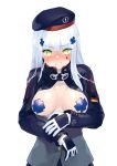  1girl absurdres bangs beret blunt_bangs blush breasts cross_hair_ornament cross_pasties facial_mark german_flag girls&#039;_frontline green_eyes hair_ornament hat highres hk416_(girls&#039;_frontline) jacket kurozukin_(th_krz_890) long_hair medium_breasts military_jacket nose_blush open_clothes open_jacket solo teardrop teardrop_tattoo upper_body white_hair 