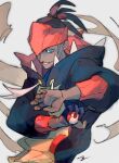  1boy black_hair black_hoodie blue_shirt dark-skinned_male dark_skin earrings gloves holding holding_poke_ball hood hood_down hoodie jewelry male_focus nigiri_(ngr24) orange_headwear parted_lips partially_fingerless_gloves poke_ball poke_ball_(basic) pokemon pokemon_(game) pokemon_swsh raihan_(pokemon) shirt short_hair single_glove smile solo symbol-only_commentary undercut 