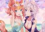 2girls :d animal_crossing animal_ear_fluff animal_ears aqua_eyes aqua_swimsuit bare_shoulders bianca_(animal_crossing) breasts cleavage closed_mouth cloud collarbone curled_fingers dedeko eyebrows_visible_through_hair hair_between_eyes hand_up highres multiple_girls ocean open_clothes open_mouth open_shirt orange_hair personification pineapple_print purple_eyes purple_shirt shirt smile strapless strapless_shirt sunglasses sunlight sunset swimsuit tail upper_body water white_hair wolf_ears 