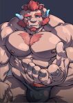  1boy abs arm_hair bara beckoning black_male_underwear blue_eyes blush bulge chernobog_(tokyo_houkago_summoners) chest_hair come_hither curled_horns demon_boy demon_horns excessive_pubic_hair facial_hair fangs foreshortening furry furry_male glowing_horns goatee horns large_pectorals looking_at_viewer male_focus male_pubic_hair male_underwear mature_male mennsuke muscular muscular_male nipples orange_hair outstretched_hand pectorals pink_fur pubic_hair reaching_out short_hair sitting solo stomach thick_eyebrows thick_thighs thighs tokyo_houkago_summoners underwear underwear_only 