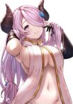  1girl armpits asymmetrical_gloves black_gloves blue_eyes bottomless braid breasts demon_horns draph elbow_gloves gloves granblue_fantasy hair_over_one_eye highres horns large_breasts light_purple_hair long_hair low_tied_hair narmaya_(granblue_fantasy) playing_with_own_hair pointy_ears purple_hair single_braid sleeveless solo teriton uneven_gloves white_background 