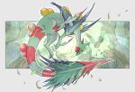  absurdres claws commentary_request full_body gen_3_pokemon highres leaves_in_wind mega_pokemon mega_sceptile ngr_(nnn204204) no_humans open_mouth pokemon pokemon_(creature) sceptile signature toes yellow_eyes 