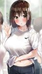  1girl blush breasts brown_eyes brown_hair commentary_request gym_uniform hand_up highres large_breasts looking_at_viewer original rouka_(akatyann) solo_focus 