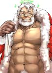  1boy abs bara beard brown_gloves christmas dark-skinned_male dark_skin ded_(tokyo_houkago_summoners) facial_hair glasses gloves halo jacket large_pectorals male_focus mature_male mennsuke muscular muscular_male navel navel_hair old old_man open_clothes open_jacket pectoral_cleavage pectorals red_jacket santa_costume short_hair smile solo sparkle stomach tokyo_houkago_summoners upper_body white_hair wrinkled_skin 