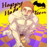  1boy abs bara blush brown_hair completely_nude erection facial_hair full_body goatee gunzo_(tokyo_houkago_summoners) halloween halloween_costume happy_halloween katoributa_a male_focus male_masturbation male_pubic_hair masturbation muscular muscular_male navel navel_hair nipples nude pectorals penis pubic_hair pumpkin scar scar_on_arm scar_on_cheek scar_on_face short_hair sideburns solo spiked_hair stomach stubble thick_eyebrows tokyo_houkago_summoners 