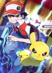  1boy absurdres bangs baseball_cap black_hair black_shirt blurry brown_eyes closed_mouth commentary_request electricity gen_1_pokemon grey_pants hair_between_eyes hat highres jacket looking_at_viewer male_focus open_clothes open_jacket pants pikachu poke_ball pokemon pokemon_(creature) pokemon_(game) pokemon_rgby pon_yui red_(pokemon) red_headwear red_jacket shirt short_hair 