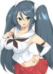  1girl black_neckwear blue_hair commentary_request cowboy_shot detached_sleeves green_eyes hand_on_hip highres isuzu_(kancolle) kantai_collection long_hair midriff navel neckerchief pleated_skirt sailor_bikini sailor_collar sakikumo_(sakumo) school_uniform serafuku simple_background skirt solo twintails white_background white_sailor_collar 