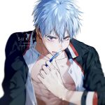  1boy abs artist_name black_jacket blue_eyes blue_hair brushing_teeth crying crying_with_eyes_open holding holding_toothbrush jacket kuroko_no_basuke kuroko_tetsuya looking_at_viewer multicolored multicolored_clothes multicolored_jacket short_hair solo streaming_tears sukja tears teeth toned toned_male toothbrush two-tone_jacket upper_body wet wet_hair white_background white_jacket 