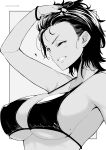  1girl bikini breasts dark-skinned_female dark_skin grey_background greyscale highres kichihachi large_breasts looking_at_viewer mole mole_on_breast monochrome one_eye_closed original short_hair smile solo swimsuit two-tone_background upper_body white_background 