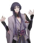  1boy alternate_hair_length alternate_hairstyle armor bangs blunt_ends eyebrows_behind_hair furrowed_brow genshin_impact grin ha_ze hair_over_shoulder highres japanese_armor japanese_clothes kimono kote kurokote long_hair long_sleeves obi obiage obijime older open_hands pectoral_cleavage pectorals purple_eyes purple_hair purple_kimono sash scaramouche_(genshin_impact) shoulder_armor sidelocks smile solo very_long_hair white_background wide-eyed wide_sleeves 