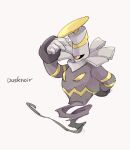  arm_behind_back character_name commentary_request dusknoir full_body gen_4_pokemon hand_up ngr_(nnn204204) no_humans orange_pupils pokemon pokemon_(creature) signature simple_background solo white_background yellow_eyes 