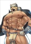  1boy abs ainu_clothes animal_ears animal_head bara bare_pectorals bulge cosplay feet_out_of_frame furry furry_male hands_on_hips headband horkeu_kamui_(tokyo_houkago_summoners) horkeu_kamui_(tokyo_houkago_summoners)_(cosplay) jacket jacket_on_shoulders jaguar_boy jaguar_ears king_(tekken) large_pectorals looking_at_viewer male_focus mennsuke muscular muscular_male navel nipples pectorals pelvic_curtain revealing_clothes solo stomach talking tekken textless the_king_of_fighters thick_thighs thighs tokyo_houkago_summoners vambraces 