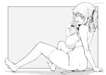  1girl ass eyebrows_visible_through_hair from_behind grey_background greyscale highres kichihachi looking_at_viewer monochrome open_mouth original short_hair sitting smile solo swimsuit thighhighs twintails two-tone_background wardrobe_malfunction white_background 