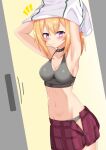  1girl armpits arms_up bangs bare_shoulders black_bra black_choker black_panties blonde_hair blush bra breasts chloe_(princess_connect!) choker cleavage closed_mouth collarbone commentary_request eyebrows_visible_through_hair groin hair_between_eyes highres iseshi locker long_hair looking_at_viewer medium_breasts mouth_hold navel notice_lines open_clothes open_skirt panties pleated_skirt ponytail princess_connect! purple_eyes purple_skirt shirt sidelocks skirt solo underwear undressing white_shirt 