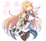  1girl bangs bare_legs bare_shoulders blonde_hair breasts cat_with_a_brush chest_jewel cleavage_cutout clothing_cutout dress earrings elbow_gloves gloves highres jewelry large_breasts long_hair mythra_(massive_melee)_(xenoblade) mythra_(xenoblade) pantyhose smash_invitation super_smash_bros. xenoblade_chronicles_(series) xenoblade_chronicles_2 