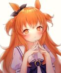  1girl animal_ears blush eyebrows_visible_through_hair hair_between_eyes honotai horse_ears horse_girl long_hair looking_at_viewer mayano_top_gun_(umamusume) orange_eyes orange_hair parted_lips puffy_short_sleeves puffy_sleeves school_uniform short_sleeves simple_background solo tracen_school_uniform umamusume white_background 