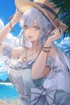  1girl anastasia_(fate) arm_up artist_name bangs bare_shoulders beach blue_dress bracelet breasts brown_headwear cloud cloudy_sky commentary_request day dress earrings eyebrows_visible_through_hair fate/grand_order fate_(series) grey_eyes hair_between_eyes hair_ornament hand_up hands_on_headwear hat highres jewelry kim_eb large_breasts long_hair looking_at_viewer necklace open_mouth outdoors palm_leaf silver_hair sky smile solo star_(symbol) star_hair_ornament sun_hat upper_body upper_teeth very_long_hair 