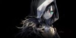  1girl aprilis_(ys) aqua_eyes bangs black_background black_hoodie closed_mouth hair_between_eyes highres hood hood_up hoodie looking_at_viewer portrait solo swd3e2 ys_ix_monstrum_nox 