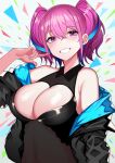  1girl bangs bare_shoulders black_jacket breasts cleavage commentary_request covered_navel eyebrows_visible_through_hair grin hair_between_eyes hand_up highres jacket large_breasts looking_at_viewer moruchi_(rinaka_moruchi) off_shoulder open_clothes open_jacket original pink_hair purple_eyes short_hair sleeveless smile solo twintails upper_body 