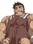  1boy apron arm_hair bara bare_arms bare_shoulders brown_apron brown_hair character_request cross_scar facial_hair grin hairy large_pectorals looking_at_viewer male_focus mature_male mennsuke muscular muscular_male old old_man one_eye_closed pectorals scar scar_on_face scar_on_forehead short_hair shoukan_yuusha_to_f-kei_kareshi sideburns sidepec sleeveless smile solo stubble tank_top white_tank_top wrinkled_skin 