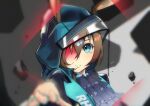  1girl amiya_(arknights) arknights ascot blue_eyes blurry blurry_background blurry_foreground brown_hair chung1000 closed_mouth depth_of_field ears_through_headwear hair_between_eyes hood hood_up hooded_jacket jacket jewelry looking_at_viewer multiple_rings one_eye_covered open_clothes open_jacket purple_neckwear reaching_out ring solo upper_body 