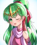  1girl absurdres adjusting_hair bangs bare_shoulders blue_background blush bridal_gauntlets child commentary_request dress eyebrows_visible_through_hair fire_emblem fire_emblem:_mystery_of_the_emblem flat_chest gem gloves gradient gradient_background green_eyes green_hair hair_ribbon hand_up happy highres hondaranya long_hair looking_at_viewer one_eye_closed open_mouth pink_dress pointy_ears ponytail purple_scarf red_gloves red_ribbon ribbon ruby_(gemstone) scarf shiny shiny_hair sidelocks simple_background single_bridal_gauntlet single_glove sleeveless sleeveless_dress smile solo teeth tiara tied_hair tiki_(fire_emblem) upper_body yellow_headwear 