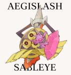  aegislash alternate_color character_name commentary_request gem gen_3_pokemon gen_6_pokemon holding mega_pokemon mega_sableye ngr_(nnn204204) pink_eyes pokemon ribbon sableye shield shiny_pokemon simple_background single_eye sword weapon white_background yellow_eyes yellow_ribbon 