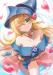  1girl arms_behind_back bad_perspective bangs bare_shoulders blonde_hair blue_headwear blush_stickers breasts cleavage commentary_request dark_magician_girl duel_monster eyebrows_visible_through_hair green_eyes hat heart large_breasts long_hair looking_at_viewer nanase_(nns_6077) one_eye_closed pentacle shiny shiny_clothes shiny_skin smile solo white_background wizard_hat yu-gi-oh! 