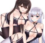  2girls all_fours arm_strap azur_lane bare_hips blue_eyes breasts brown_hair brown_legwear center_opening criss-cross_halter earrings eyebrows_visible_through_hair halter_dress halterneck highres jewelry large_breasts long_hair looking_at_viewer lying mole mole_under_eye multiple_girls on_side one_side_up orange_eyes race_queen revealing_clothes satsuka_(258) shoukaku_(azur_lane) shoukaku_(sororal_wings)_(azur_lane) simple_background thighhighs white_background white_hair zuikaku_(azur_lane) zuikaku_(the_wind&#039;s_true_name)_(azur_lane) 