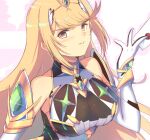  1girl bangs bare_shoulders blonde_hair breasts cat_with_a_brush chest_jewel cleavage_cutout clothing_cutout dress earrings elbow_gloves gloves jewelry large_breasts long_hair mythra_(massive_melee)_(xenoblade) mythra_(xenoblade) smash_invitation super_smash_bros. xenoblade_chronicles_(series) xenoblade_chronicles_2 