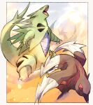 black_eyes border claws commentary_request excadrill fangs gen_2_pokemon gen_3_pokemon gen_5_pokemon head_back highres ngr_(nnn204204) no_humans open_mouth pokemon pokemon_(creature) salamence sand standing tongue tyranitar white_border 