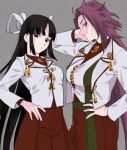  2girls black_hair breasts brown_eyes hair_ribbon hand_on_own_head highres hime_cut hiyou_(kancolle) jacket jun&#039;you_(kancolle) kantai_collection knotting large_breasts long_hair magatama multiple_girls purple_eyes purple_hair ribbon shishanmo simple_background white_jacket 