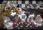  2girls black_hair black_headwear blonde_hair checkered checkered_background chessboard dress flying_sweatdrops hair_between_eyes hakurei_reimu hands_in_opposite_sleeves hat long_sleeves maribel_hearn medium_hair mismatched_pupils multiple_girls necktie one_eye_closed pillow_hat red_eyes red_neckwear shirt squiggle suenari_(peace) touhou upper_body usami_renko white_dress white_headwear white_shirt wide_sleeves yakumo_ran yakumo_yukari 