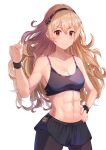  1girl abs absurdres bare_shoulders belt bikini black_legwear black_skirt blonde_hair breasts cleavage clenched_hand collarbone corrin_(fire_emblem) corrin_(fire_emblem)_(female) eyebrows_visible_through_hair fire_emblem fire_emblem_fates hair_between_eyes hair_ornament hand_on_hip hand_up haru_yu highres long_hair miniskirt muscular muscular_female navel red_eyes simple_background skirt smile solo sports_bra swimsuit white_background wristband 