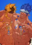  2boys abs areolae arm_around_shoulder bara bare_pectorals beard blonde_hair blue_hair blue_tribe dark-skinned_male dark_skin facial_hair facial_mark feather_necklace goatee headband holding katoributa_a large_pectorals long_sideburns looking_at_viewer magatama magatama_necklace male_focus mature_male multicolored_hair multiple_boys muscular muscular_male navel pectorals pointy_ears short_hair sideburns spiked_hair stomach tokyo_houkago_summoners tribal two-tone_hair upper_body yellow_tribe 
