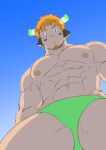  1boy abs animal_ears bara bare_pectorals brown_eyes brown_hair bulge cow_boy cow_ears cow_horns facial_hair fiery_horns forked_eyebrows from_below goatee green_male_swimwear green_shirt horns katoributa_a large_pectorals looking_at_viewer lowres male_focus male_swimwear mature_male muscular muscular_male navel nipples pectorals shirt short_hair sky solo spiked_hair stomach swim_briefs thick_eyebrows thick_thighs thighs tokyo_houkago_summoners wakan_tanka 