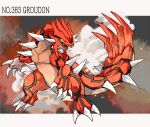  character_name claws commentary_request gen_3_pokemon glowing glowing_eyes groudon legendary_pokemon legs_apart looking_to_the_side ngr_(nnn204204) no_humans open_mouth pokedex_number pokemon pokemon_(creature) sharp_teeth smoke spikes standing teeth tongue yellow_eyes 