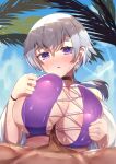  1boy 1girl absurdres areola_slip areolae azur_lane bikini blush breasts choker cross-laced_bikini cross-laced_clothes earrings grey_hair hair_between_eyes highres huge_breasts huwahuwa_raidou jewelry long_hair official_alternate_costume outdoors paizuri paizuri_under_clothes palm_leaf purple_bikini purple_choker purple_eyes reno_(azur_lane) reno_(summer_spin-off)_(azur_lane) shiny shiny_skin swimsuit 