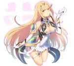  1girl bangs bare_legs bare_shoulders blonde_hair breasts cat_with_a_brush chest_jewel cleavage cleavage_cutout clothing_cutout dress earrings elbow_gloves gloves highres jewelry large_breasts long_hair mythra_(xenoblade) short_dress smash_invitation solo super_smash_bros. swept_bangs thigh_strap tiara very_long_hair white_dress white_gloves xenoblade_chronicles_(series) xenoblade_chronicles_2 yellow_eyes 