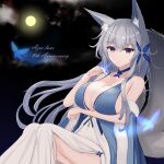  1girl animal_ear_fluff animal_ears azur_lane blue_butterfly blue_collar blue_dress breasts bug butterfly center_opening cocktail_dress collar dress evening_gown feather_boa fox_ears full_moon halter_dress halterneck highres huge_breasts kitsune kyuubi large_tail long_hair looking_at_viewer moon multiple_tails official_alternate_costume purple_eyes shinano_(azur_lane) shinano_(light_of_the_hazy_moon)_(azur_lane) sleeveless sleeveless_dress solo tail wa_tsu_to white_tail wrist_flower 