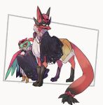  black_cape boots brown_footwear cape chain clothed_pokemon commentary_request gen_6_pokemon gen_8_pokemon glint hat hatted_pokemon hawlucha highres looking_back mask ngr_(nnn204204) no_humans pink_headwear pokemon pokemon_(creature) standing thievul 