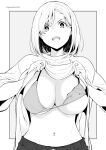  1girl bangs bikini breasts clothes_lift grey_background greyscale highres kichihachi large_breasts lifted_by_self looking_at_viewer monochrome navel open_mouth original parted_bangs shirt_lift short_hair solo swimsuit two-tone_background white_background 