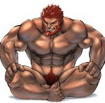 1boy abs arms_at_sides bara beard come_hither completely_nude convenient_leg crossed_legs dark-skinned_male dark_skin excessive_pubic_hair facial_hair fate/zero fate_(series) grin iskandar_(fate) large_pectorals looking_at_viewer male_focus male_pubic_hair mature_male mennsuke muscular muscular_male navel navel_hair nipples nude one_eye_closed pectorals pubic_hair red_eyes red_hair seductive_smile short_hair smile solo stomach 