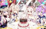  5girls animal_ears ayanami_(azur_lane) azur_lane bare_shoulders beret black_choker black_hair blouse blue_headwear blue_sailor_collar bow breasts buttons cake cake_slice camisole choker closed_eyes coat coat_dress crop_top cross_hair_ornament crown double-breasted eyebrows_visible_through_hair fake_animal_ears flat_chest food fork fruit fur-trimmed_coat fur_trim gloves green_eyes hair_bow hair_ornament hairband hat headgear high_ponytail highres hood indoors jacket javelin_(azur_lane) laffey_(azur_lane) large_breasts leer.meer light_brown_hair long_hair looking_at_viewer looking_out_window medium_breasts medium_hair mini_crown multiple_girls padded_coat pamiat_merkuria_(azur_lane) peaked_cap pink_eyes pink_jacket plate platinum_blonde_hair ponytail purple_eyes purple_hair purple_ribbon rabbit_ears red_eyes red_hairband ribbon round_table russian_clothes sailor_collar sideboob single_glove sleeveless small_breasts strap_slip strawberry twintails white_camisole white_coat white_gloves white_hair white_headwear wide_ponytail window yellow_neckwear z23_(azur_lane) 