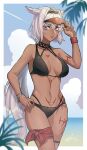  12_hnt 1girl animal_ears bangs bare_shoulders beach bikini black_bikini blue_eyes body_markings bracelet breasts caenis_(fate) caenis_(swimsuit_rider)_(fate) cleavage collarbone dark-skinned_female dark_skin eyebrows_visible_through_hair fate/grand_order fate_(series) goggles highres jewelry large_breasts long_hair looking_at_viewer navel swimsuit thigh_strap thighs very_long_hair white_hair wristband 
